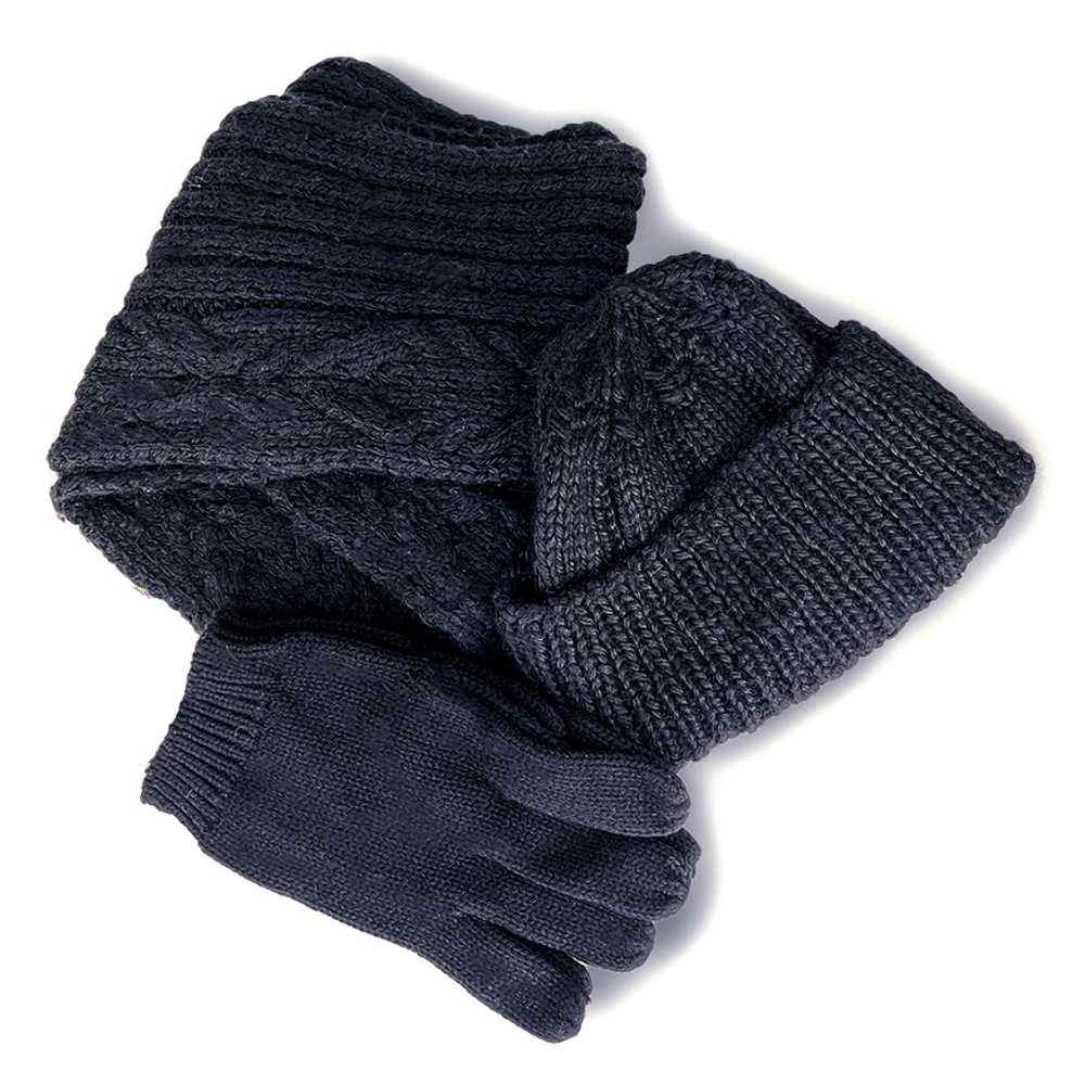 Black Cable Knit Scarf, Cap & Gloves Set